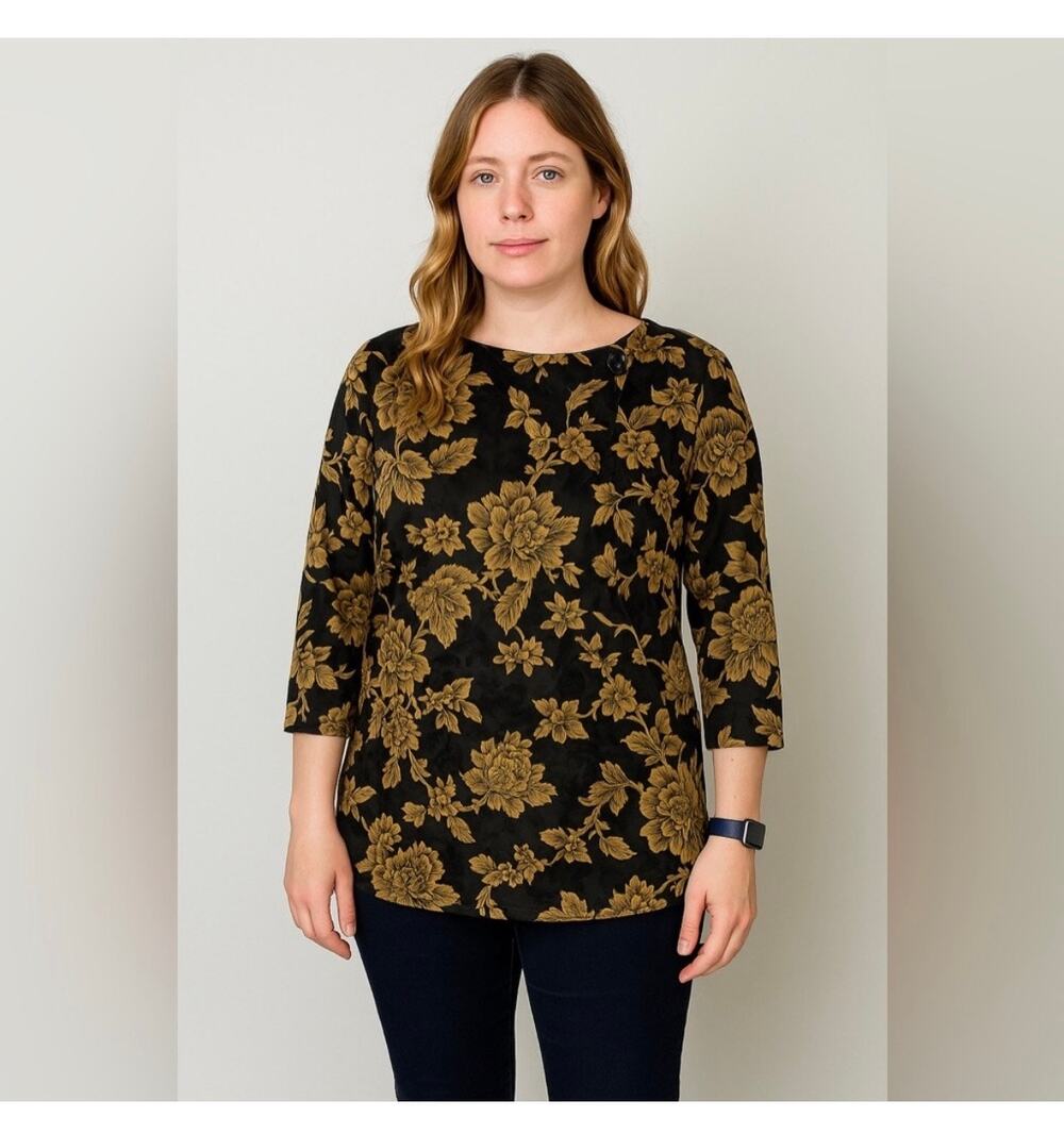 Oscar de la Renta Studio Silk Black Gold Floral Asymmetric Button Blouse 8
